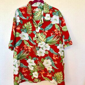 Koko Head Mens Hawaiian shirt XL red with white flowers Floral design